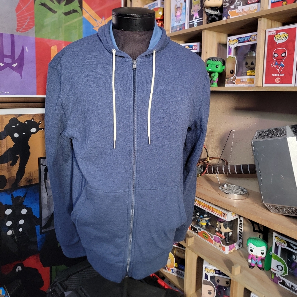 Blue full zip hoodie.